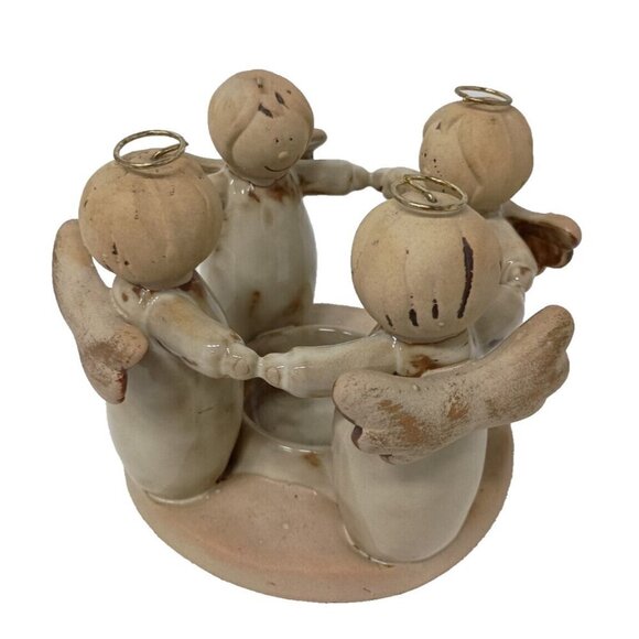 Vintage Art Pottery Ceramic Beige Angel Circle of Friends Candle Holder Figural - Picture 1 of 10